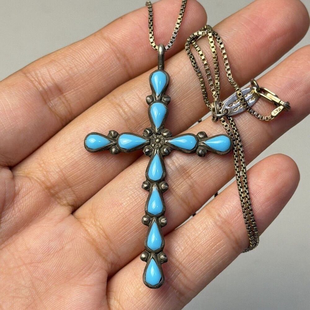 Vintage Zuni Sterling Turquoise Cross Pendant